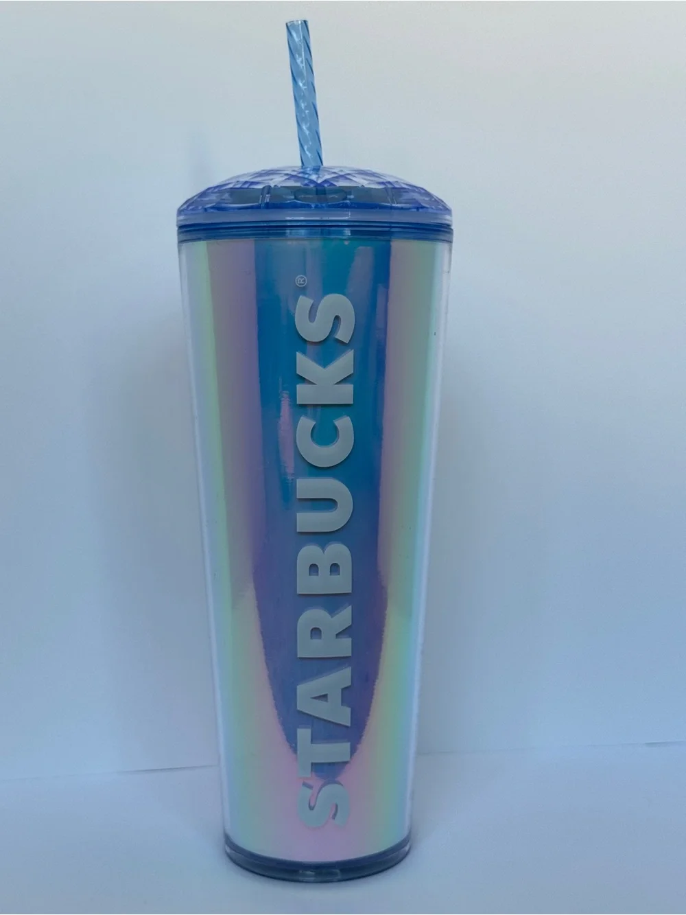 Starbucks Iridescent Pearl Blue Tumbler with Blue Dome Style Lid and Straw